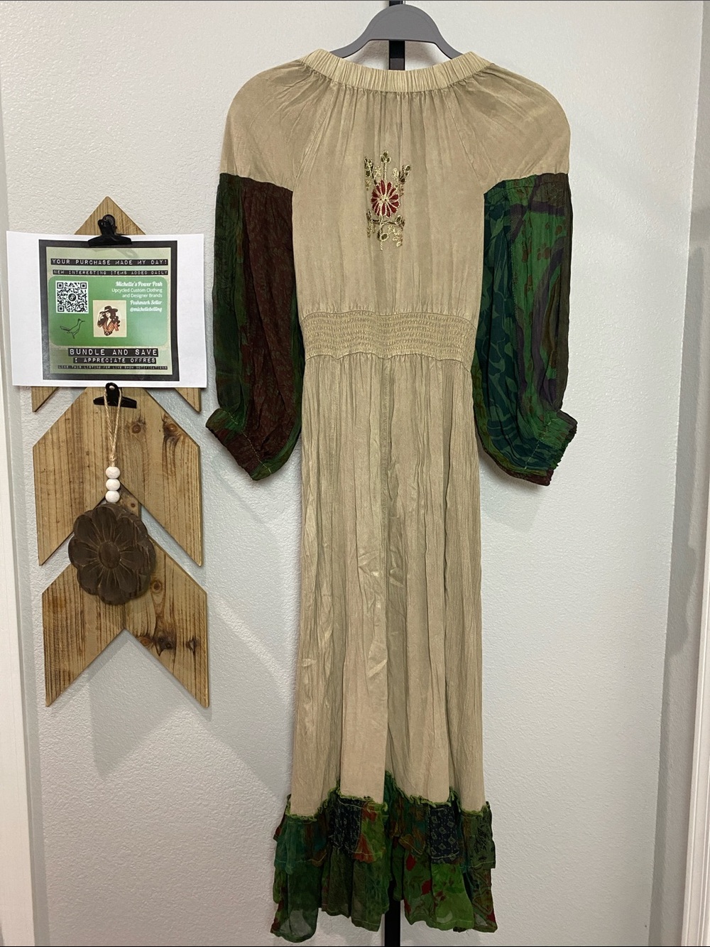 Young Threads Boho Patchwork Dress in Cream and Green sz S - Picture 3 of 9